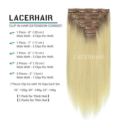 Lacer Blonde Clip in Extensions Real Human Hair Platinum Blonde with Lightest Brown Roots Human Hair Clip Ins 120G with 16 Clips 7Pcs 18 Inch