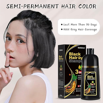 Black Hair Dye Shampoo for Gray Hair, Semi-Permanent Hair Color Shampoo for Women and Men, Herbal Ingredients, 3 in 1 100% Grey Coverage.Lasts 30 Days/500ml/Natural herbal Ingredients