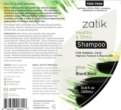 Zatik Naturals - Healthy & Shiny Shampoo and Conditioner set, with Olive and Black Seed, Voluminizing and Safe for Color Treated Hair - one of each 10.80 fl oz.