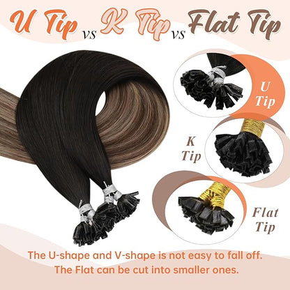 Sunny Hair U Tip Hair Extensions Human Hair Highlight Personality K Tip Hair Extensions Black Ombre Dark Brown Balayage Medium Ash Blonde Natural Blends Keratin Tip 50g 14inch