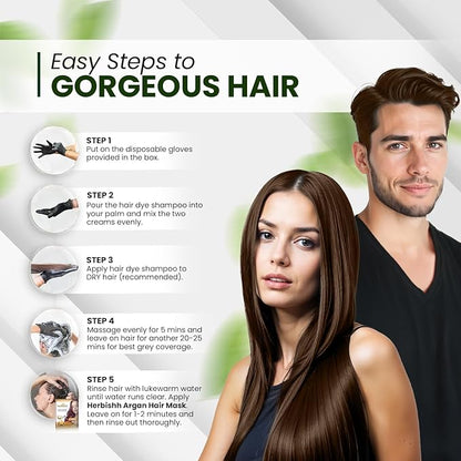 Herbishh Chestnut Brown Hair Dye Shampoo 200ml + Argan Oil 30ml – Grey Coverage & Frizz Control Combo – 3-in-1 Color, Cleanse & Repair