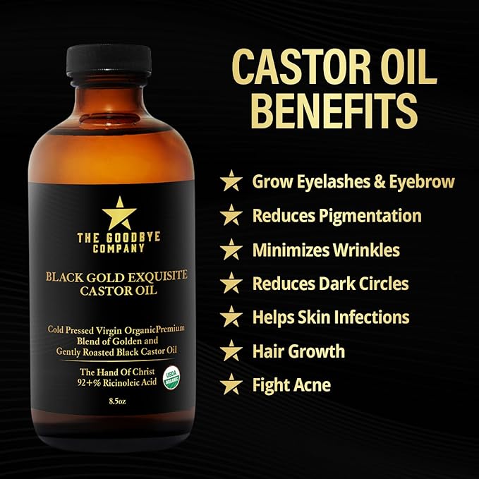 The Goodbye Company Black & Gold Castor Oil Blend – USDA Organic, Cold-Pressed & Unrefined – Pure Hexane-Free Oil for Hair, Skin, Body, Eyelashes & Eyebrows