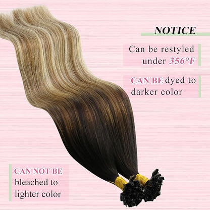 YoungSee U Tip Hair Extensions Human Hair Balayage Keratin Hair Extensions U Tip Ombre Dark Brown to Brown with Blonde K Tips Hair Extensions Silky 18In Balayage Utip Remy Hair Extensions 1g/s 50g
