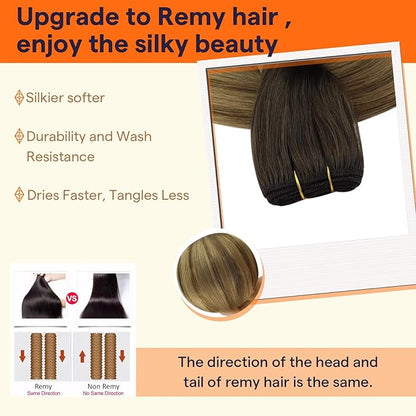 Full Shine Sew In Hair Extensions Balayage Hair Extensions Sew In Weft Hair Extensions Human Hair Color Dark Brown To Ash Brown Mix Blonde Human Hair Weft 105G 22 Inch