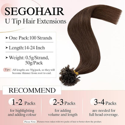 U Tip Hair Extensions Human Hair Pre Bonded Extensions Keratin Fusion Extensions K Tip Hair Extensions Real Human Hair Silky Straight Natural 50g/100 Stands 18" Medium Brown