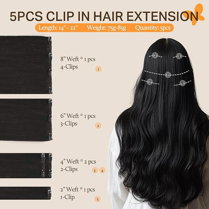 DOORES Human Hair Extensions Clip in, 5pcs 80g Natural Black 18 Inch Clip in Hair Extensions Straight Natural Remy Hair Extensions