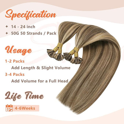 Sunny Hair U Tip Hair Extensions Real Human Hair Brown Mixed Caramel Blonde Utip Hair Extensions Human Hair 22inch K Tip Hair Extensions Real Human Hair Easy to Apply 50g