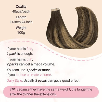 MAXITA Tape in Hair Extensions Human Hair 4/27/4 Chocolate Brown Mixed Caramel Blonde Balayage 18 Inch 100g 40pcs Thick Ends Straight Seamless Tape ins Remy Invisible Tape in Extensions Human Hair