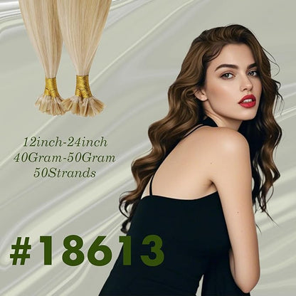 RUNATURE U-Tip Human Hair Extensions - Ash Blonde Mix Platinum Blonde, Remy Silky Nail Tip, Pre-Bonded Keratin, 18 Inch 50g 50s