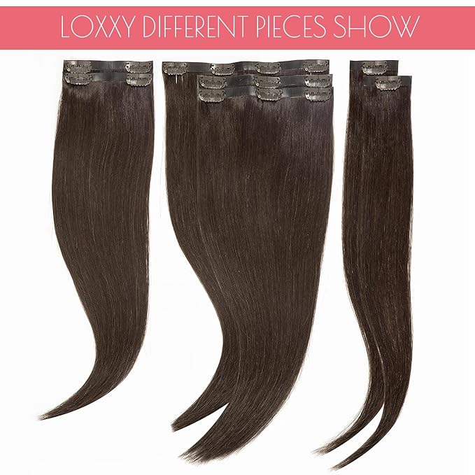 Loxxy Seamless Clip in Hair Extensions 22Inch 110G 7Pcs Light Dark Brown Real Human Hair Clip in Extensions Invisible With PU Clip On Hair Extensions Human Hair For Women Silky Straight #2A