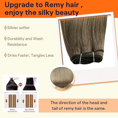 Full Shine Weft Hair Extensions Huam Hair Ombre Sew In Hair Extensions Real Human Hair Sew In Human Hair Bundles Balayage Brown To Ash Blonde Mix Platinum Blonde Weft Extensions 12 Inch 80G