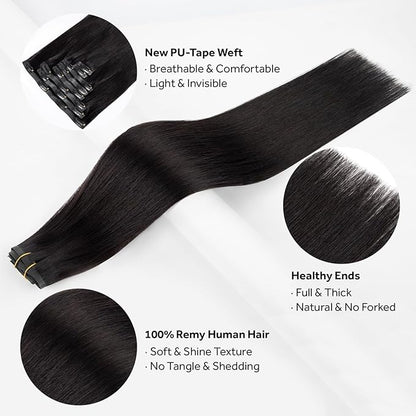 Clip in Hair Extensions Real Human Hair Natural Black Seamless Clip In 100% Remy Hair Extensions PU Skin Weft Add Volume Invisible for Long Straight Hair #1B 20Inch 120G 8PCS