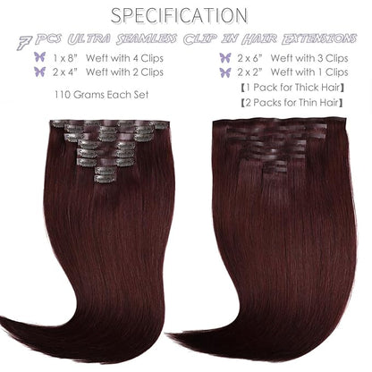 Lacer 20 Inch Burgundy Clip In Extensions Natural Hair Clip In Extensions Silky Invisible Weft 8Pcs 115G Red Wine Burgundy Natural Human Hair 8 Pcs For Women