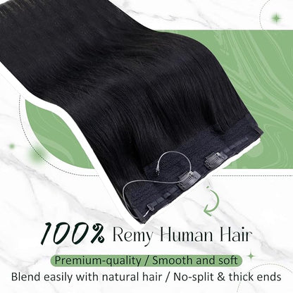 RUANTURE Wire Hair Extensions Real Human Hair, Invisible Hair Extensions with Transparent Fish Line, Adjustable Size, Remy Straight Natural Looking, 16 Inch 80g #1 Jet Black