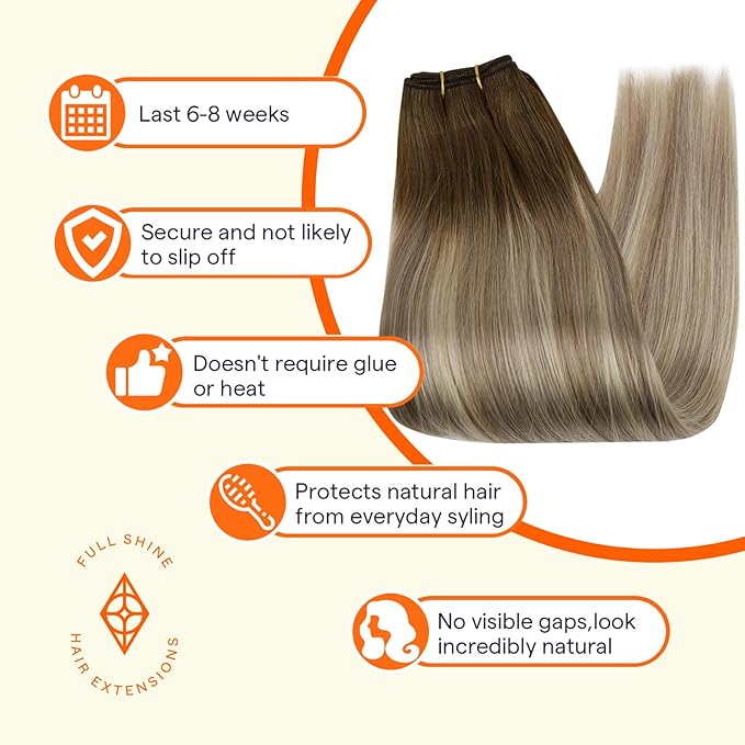 Full Shine Weft Hair Extensions Human Hair #3/8/22 Balayage Sew In Hair Extensions Color Dark Brown To Light Brown Mix Light Blonde Human Hair Extensions Remy Straight Hair 12 Inch