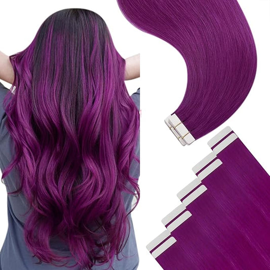 YoungSee Tape in Hair Extensions Human Hair Purple Tape Extensions Human Hair Purple 22In Colorful Tapein Hair Extensions Real Human Hair Long Hair Fashion Hair Extensions Colored for Kids 10pcs 25g