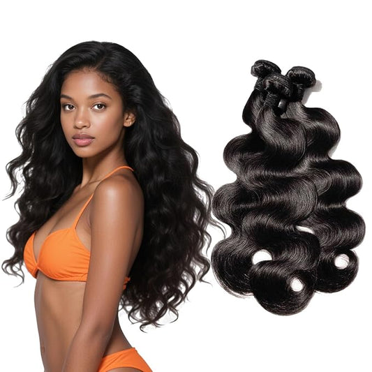 Body Wave Human Hair 3 Bundles (14 14 14) 100% Unprocessed Brazilian Virgin Human Hair Extensions Brazilian Body Wave Weave Bundles Soft and Silky Natural Black Wavy Hair Quick Weave Bundle for Women