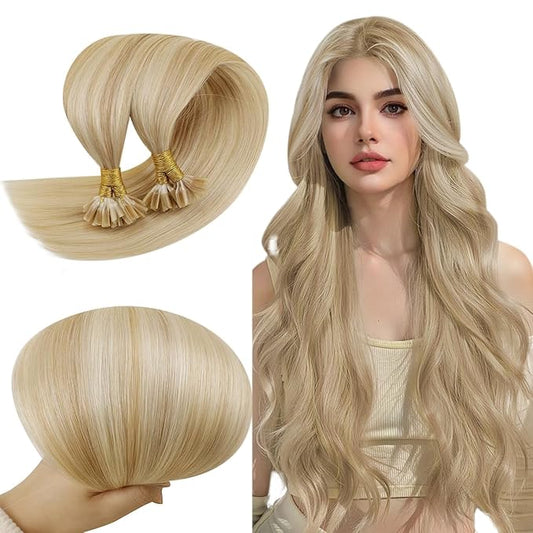 RUNATURE U-Tip Human Hair Extensions - Ash Blonde Mix Platinum Blonde, Remy Silky Nail Tip, Pre-Bonded Keratin, 18 Inch 50g 50s