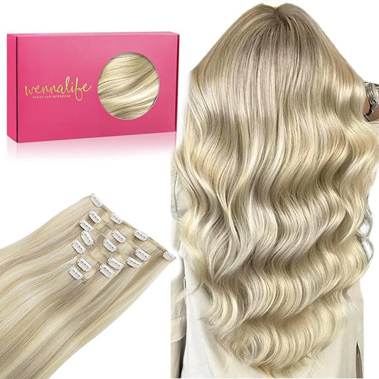 WENNALIFE Clip in Hair Extensions, 14 Inch 120g 7pcs Ash Blonde Highlighted Platinum Blonde Hair Extensions Clip in Human Hair Remy Clip in Hair Extensions Real Human Hair Double Weft