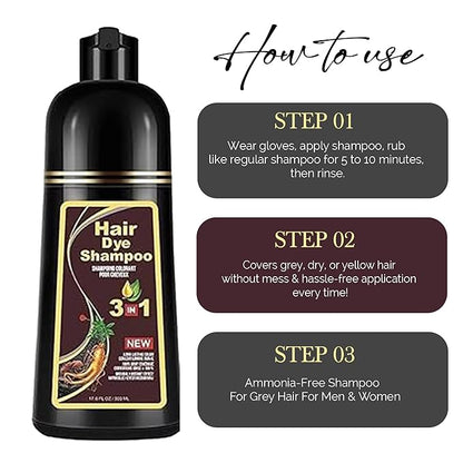 Hair Dye Shampoo - 3 in1 Formula for Fast Grey Coverage Shampoo - Natural Hair Color Shampoo for Women & Men, Herbal Ingredients Instant Color Shampoo Hair Dye - Champu Para Canas Mujer 500ml (Black)