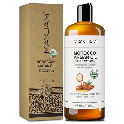 Organic Moroccan Argan Oil 16 Fl Oz, USDA Certified 100% Pure & Natural Carrier Oil For Dry, Damaged Skin, Hair, Face, Body & Scalp Moisturing, Massage Oils for Essential Oils Mixing (473ml)