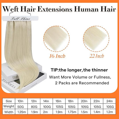 Full Shine Sew In Hair Extensions Real Human Hair Weft Hair Extensions Remy Straight Hair Color Platinum Blonde Extensions Soft Hair Weft Extensions For Women 10 Inch 50G