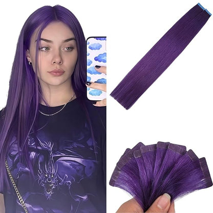 Purple Tape in Hair Extensions Human Hair Seamless 16 Inch Silky Straight Colored Hair Extensions Tape in for Girls