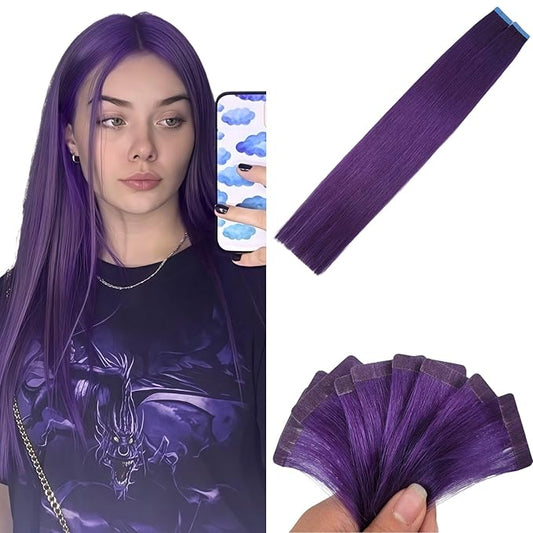 Purple Tape in Hair Extensions Human Hair Seamless 16 Inch Silky Straight Colored Hair Extensions Tape in for Girls