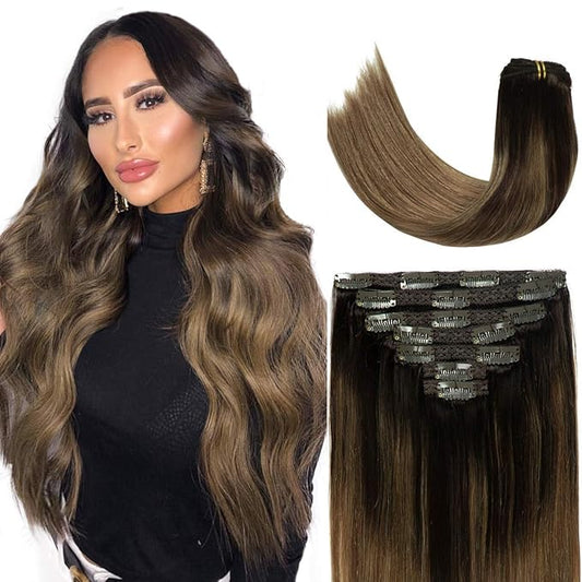 Loxxy 20inch Clip In Hair Extensions Brown Real Human Hair Clip Ins Extensions Light Dark Brown Double Weft Straight Real Hair Extensions Clip in Human Hair Thick Ends Full Head 140G 7PCS