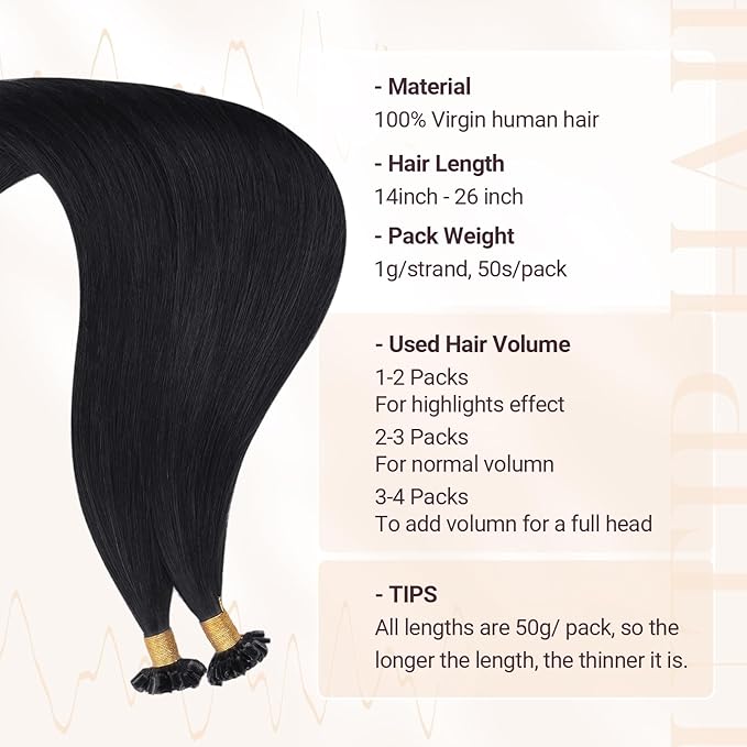 MAXITA U Tip Hair Extensions Human Hair, Jet Black Hair Extensions Real Human Hair, 50g/50 Strands/Pack, 24 In Virgin Human Hair