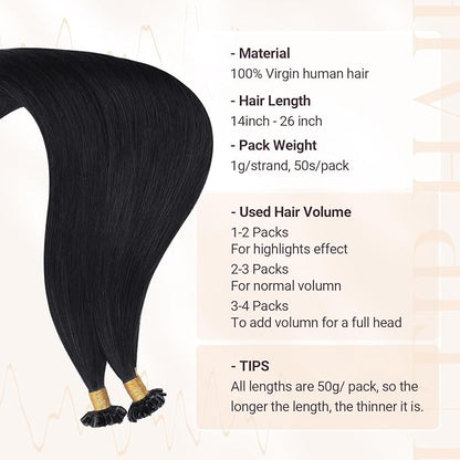 MAXITA U Tip Hair Extensions Human Hair, Jet Black Hair Extensions Real Human Hair, 50g/50 Strands/Pack, 24 In Virgin Human Hair