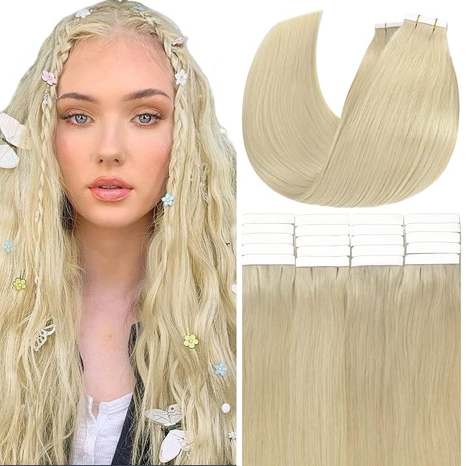 Anrosa Blonde Tape in Hair Extensions Human Hair 20 Inch 50g 20pcs Silky Skin Weft Platinum Blonde Color Remy Invisible Tape in Human Hair Extensions for Women Natural Straight Hair