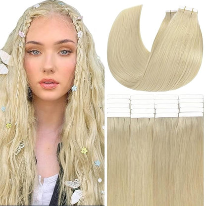 Anrosa Blonde Tape in Hair Extensions Human Hair 20 Inch 50g 20pcs Silky Skin Weft Platinum Blonde Color Remy Invisible Tape in Human Hair Extensions for Women Natural Straight Hair