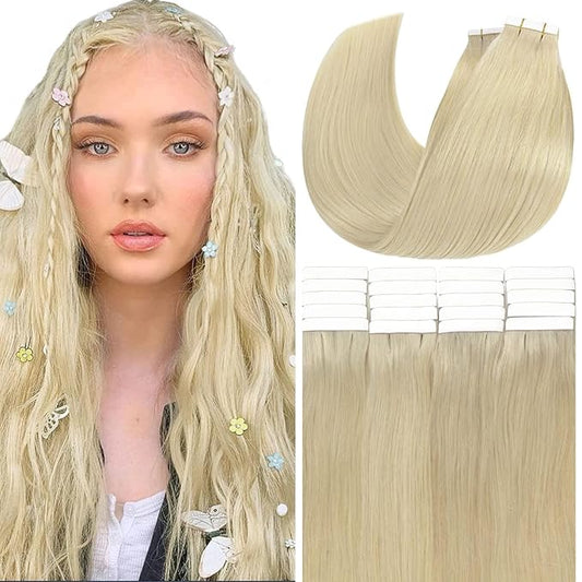 Anrosa Blonde Tape in Hair Extensions Human Hair 20 Inch 50g 20pcs Silky Skin Weft Platinum Blonde Color Remy Invisible Tape in Human Hair Extensions for Women Natural Straight Hair