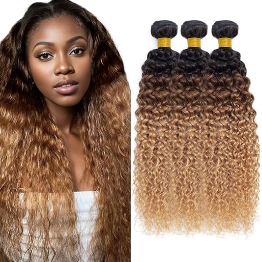 Ombre Brown Bundles Human Hair 4/27 Kinky Curly Bundles 14 16 18 Inch Niegmeag Hair Brazilian Unprocessed Virgin Remy Hair Extensions Double Weft Hair Weave 300g