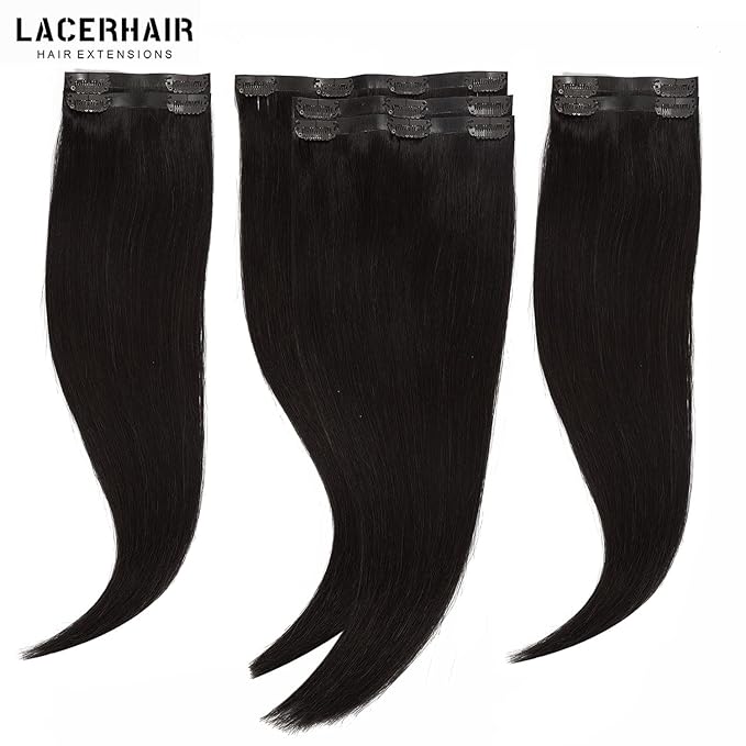 Lacer Hair Ultra Seamless Clip in Hair Extensions Natural Black 14inch Real hair Extensions Invisible Clip in Human Hair 130g 7PCS 18 Clips Natural Human Hair