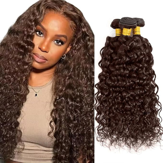 34 34 34 Inch Brown Human Hair Bundles Color 4 Water Wave Bundles Niegmeag Virgin Remy Hair Extensions Double Weft Brown Wet and Wavy Bundle Hair Weave