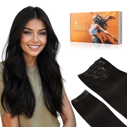 DOORES Clip in Remy Hair Extensions, Jet Black 150g 9pcs 24 Inch, Real Hair Extensions Clip in Human Hair Extensions for Women Clip in Natural Hair Extensions Thick Silky Straight Hair Extensions