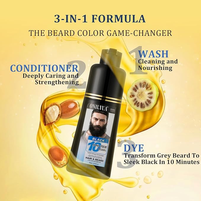 Men’s Beard Dye Black in 10 Mins, Instant Beard Color for Men Gray Mustache & Beard Coverage, 3 in 1 Long Lasting Beard Dye Shampoo, Gifts for Men Dad, Quick & Easy to Use