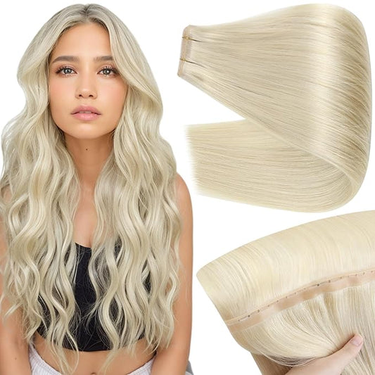 Full Shine Butterfly Weft Hair Extensions Color Platinum Blonde Extensions Hand Tied Weft Extensions 16 Inch Inviisble Pu Hole Weft Remy Straight Hair Weft Micro Ring Add Volume 80G