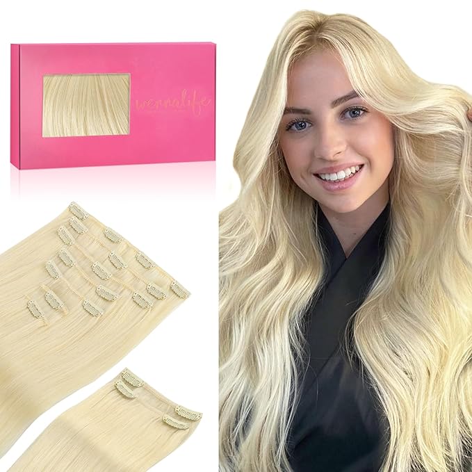 WENNALIFE Clip in Hair Extensions, 150g 14 Inch 9pcs Bleach Blonde Human Hair Extensions Thicker Clip in Hair Extensions Real Human Hair Clip Set Double Weft