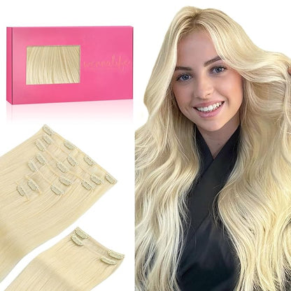 WENNALIFE Clip in Hair Extensions, 150g 14 Inch 9pcs Bleach Blonde Human Hair Extensions Thicker Clip in Hair Extensions Real Human Hair Clip Set Double Weft