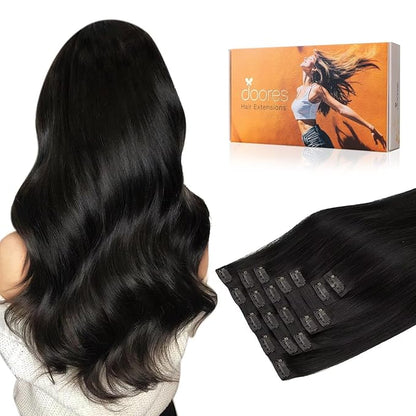 DOORES Clip in Hair Extensions, Natural Black 130g 7pcs 16 Inch, Thick Virgin Human Hair Clip in Extensions Natural Silky Weft for Women