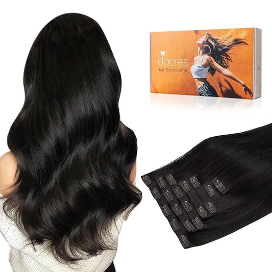 DOORES Clip in Hair Extensions, Natural Black 130g 7pcs 16 Inch, Thick Virgin Human Hair Clip in Extensions Natural Silky Weft for Women