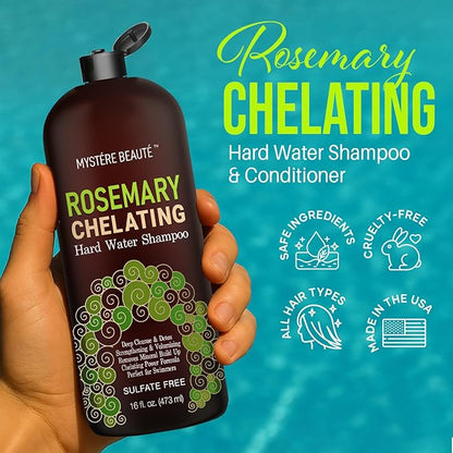 MYSTÈRE BEAUTÉ Rosemary Chelating Shampoo and Conditioner Set – Sulfate Free Hard Water Hair Care with Biotin, Keratin & Tea Tree – Clarifying & Strengthening Duo for Hair Growth – 16 oz Each