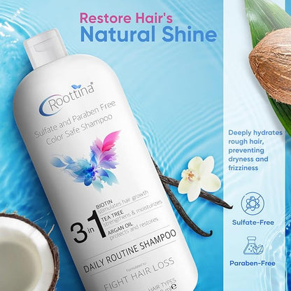 Fights Hair Loss, Roottina Daily Routine Shampoo, Strengthens and Fortifies, Promotes Hair Growth, Hair Thickening Shampoo with DHT Blockers, Coconut and Vanilla Scent, Made in USA (16 fl oz)