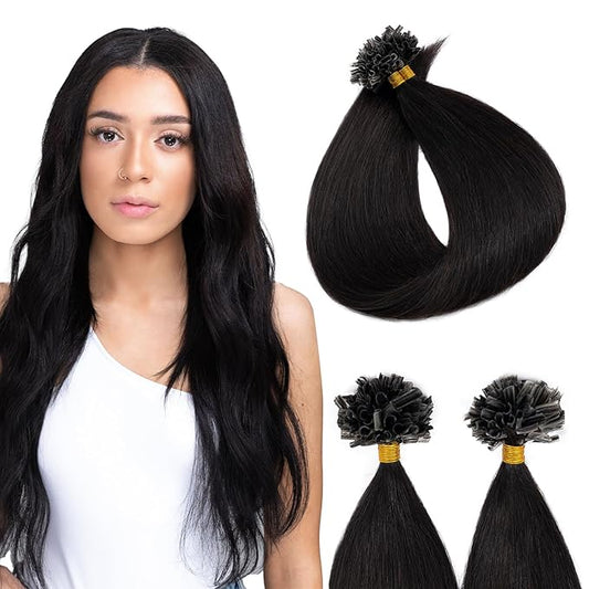 U Tip Hair Extensions Human Hair Pre Bonded Extensions Keratin Fusion Extensions K Tip Hair Extensions Real Human Hair Silky Straight Natural 50g/100 Stands 16" Natural black