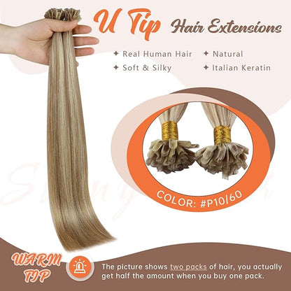 Sunny Hair U Tip Hair Extensions Human Hair Light Brown Mix Platinum Blonde for Daily Use,Midway Down the Upper Arm Ktips 18inch 50g