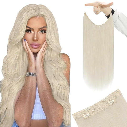 YoungSee Wire Hair Extensions Blonde Invisible Wire Real Hair Extensions Platinum Blonde Straight Wire Real Human Hair Extensions Blonde Hair Extensions Invisible Wire can be Ironed and Dyed 18In 80G