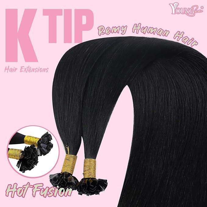 YoungSee K Tip Hair Extensions Human Hair Jet Black 14inch Remy Hair Extensions K Tip Jet Black Keratin Human Hair Extensions Black for Short Hair Fusion Hair Extensions Human Hair Remy 50s/50g